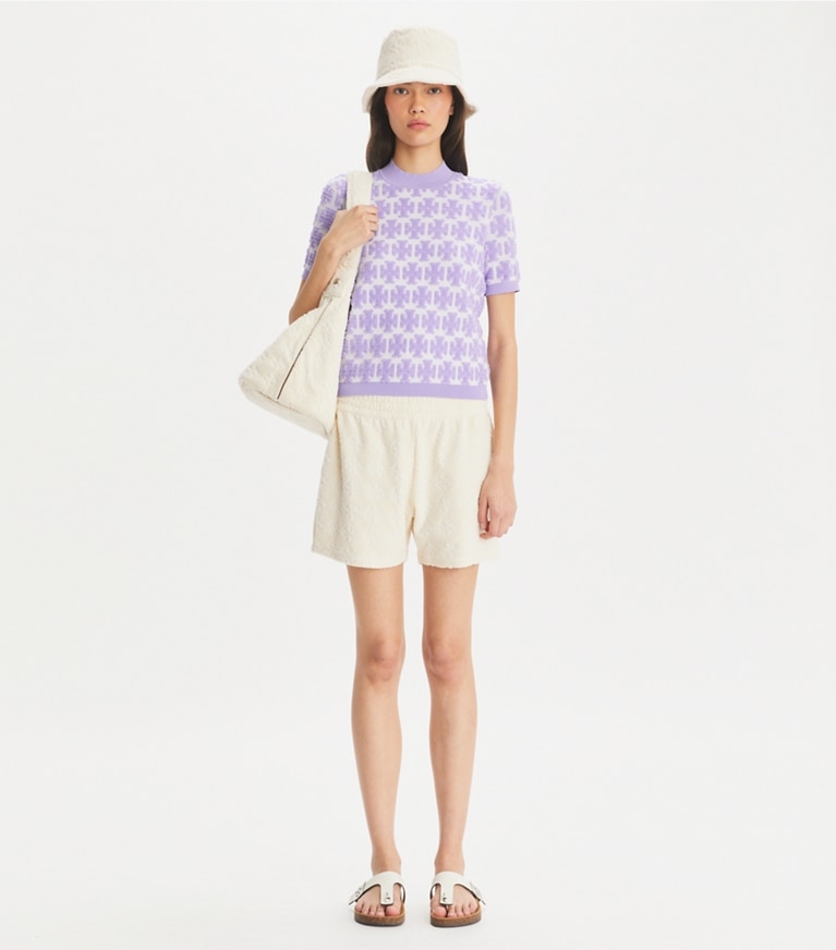 Tory Burch designer トップス Tモノグラム モックネック Tシャツ in Crisp Lavender / Soft White front