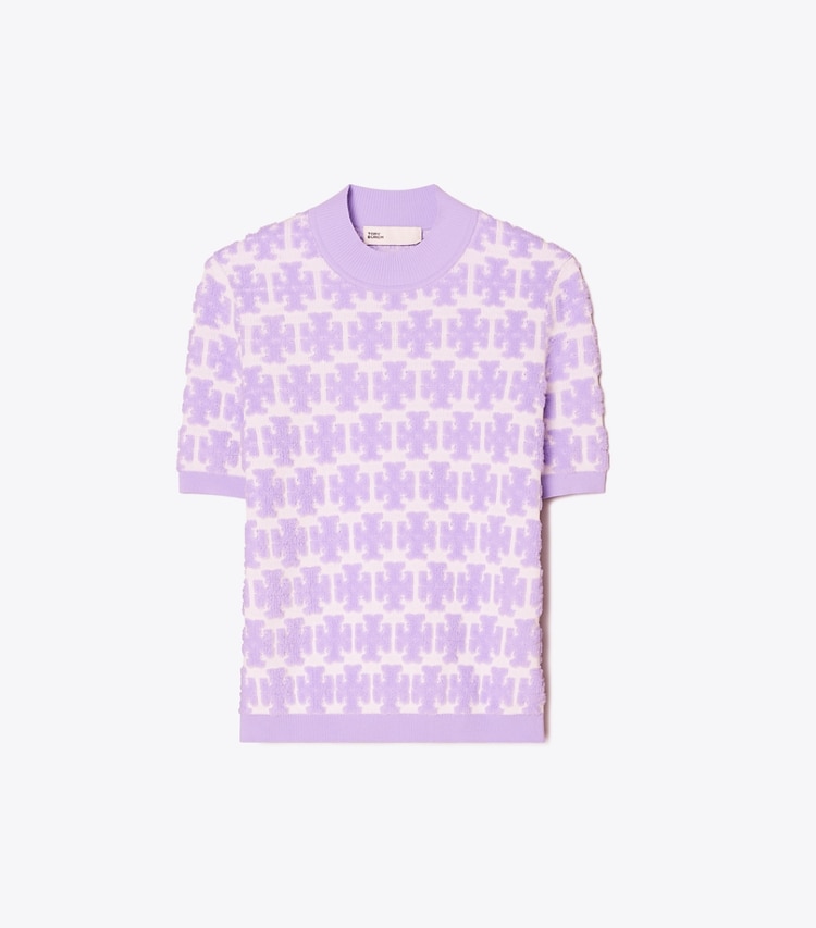Tory Burch designer トップス Tモノグラム モックネック Tシャツ in Crisp Lavender / Soft White front