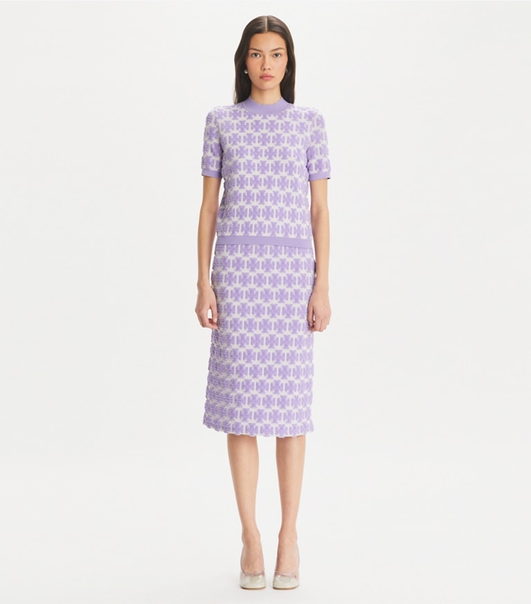 Tory Burch designer トップス Tモノグラム モックネック Tシャツ in Crisp Lavender / Soft White front