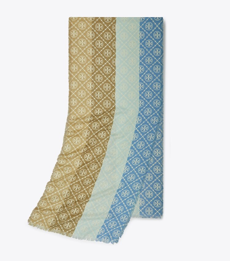 Tory Burch designer scarves T Monogram Multi-Stripe Oblong Scarf in Multi Stripe Traveler Oblong - Blue folded