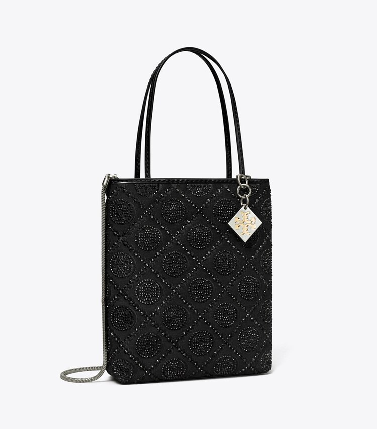 Tory Burch designer crossbody bags T Monogram Night Owl Embellished Mini Tote in Black angle