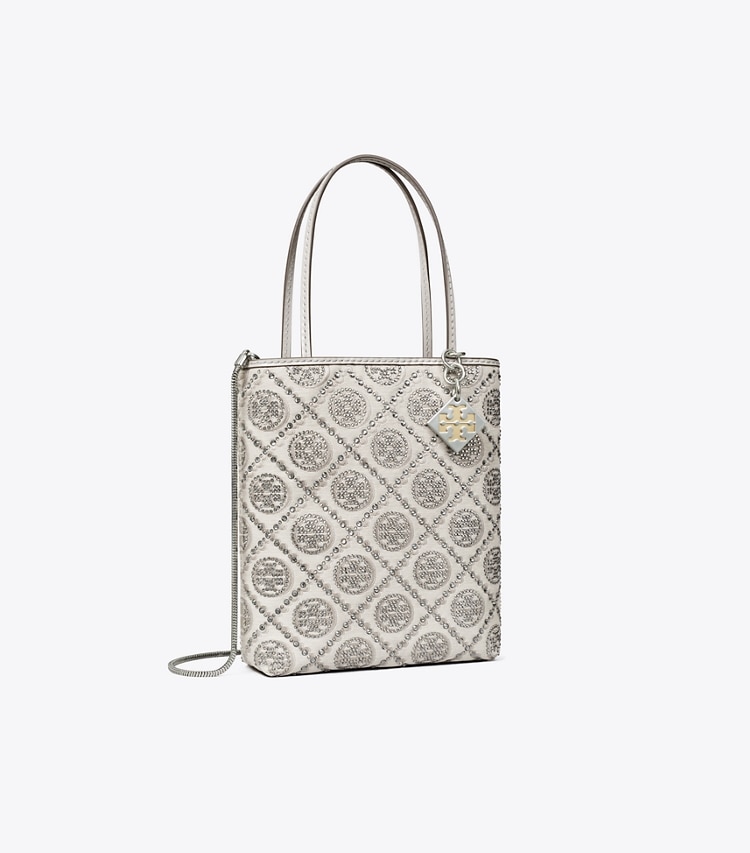 Tory Burch designer クロスボディバッグ Tモノグラム ナイトアウル エンベリッシュ ミニトート in Gray angle