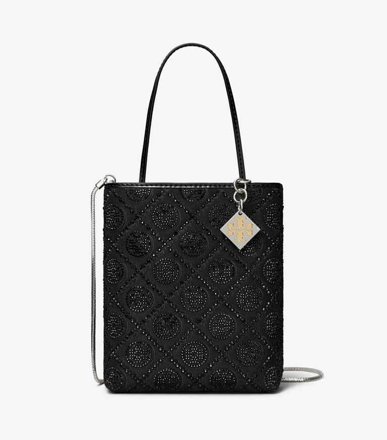 Tory Burch designer crossbody bags T Monogram Night Owl Embellished Mini Tote in Black angle
