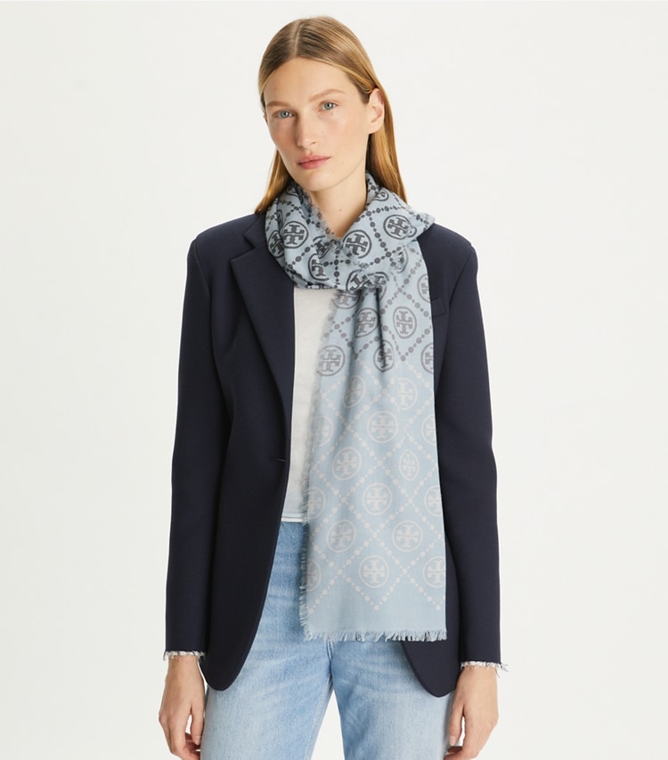 Tory Burch designer scarves T Monogram Oblong Scarf in Neutral accessory on model