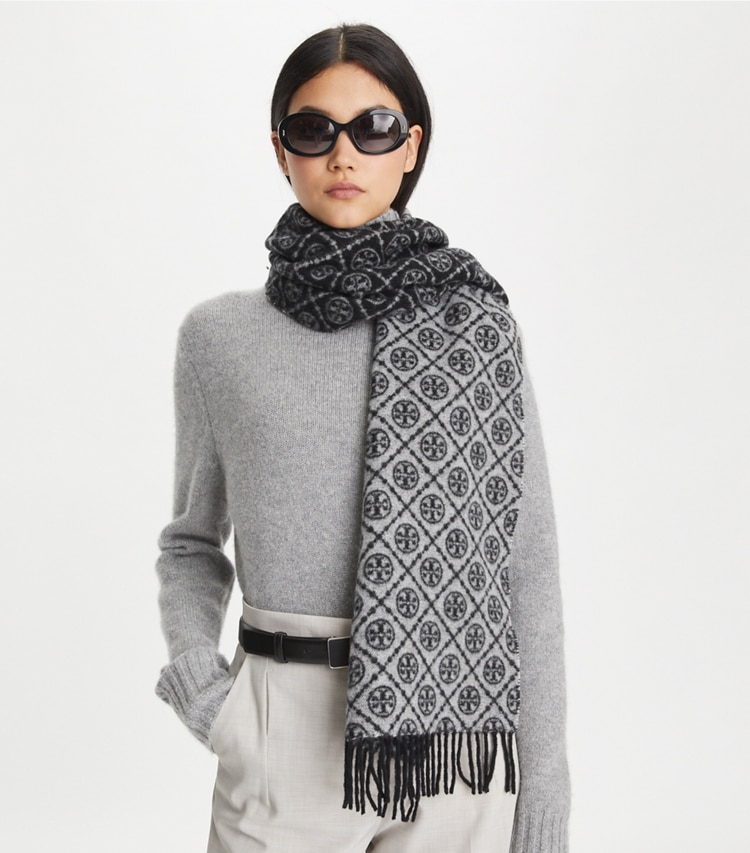 Tory Burch designer scarves T Monogram Oblong Scarf in Tory Navy accessory on model