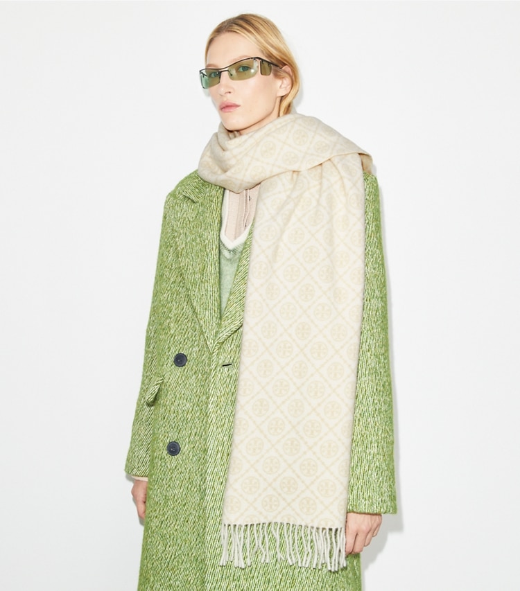 Tory Burch designer scarves T Monogram Oblong Scarf in Ivory accessory on model