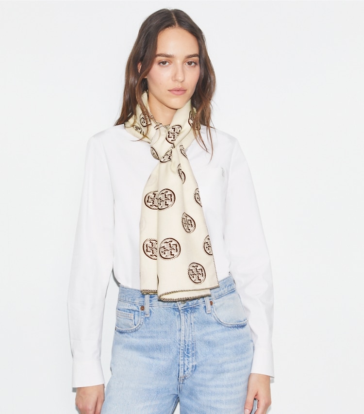 Tory Burch designer scarves T Monogram Oblong Scarf in Chocolate accessory on model