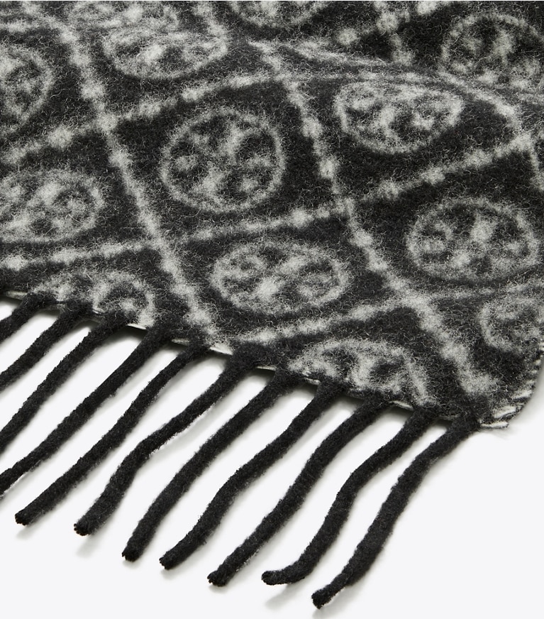 Tory Burch designer scarves T Monogram Oblong Scarf in Black overhead