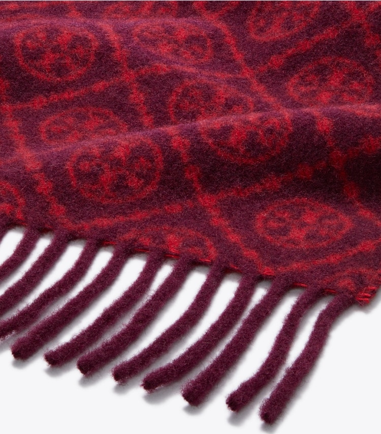 Tory Burch designer スカーフ Tモノグラム オブロングスカーフ in Red / Burgundy ディテール