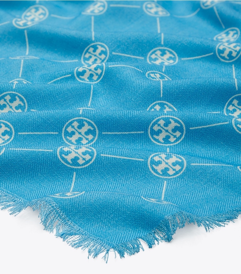 Tory Burch designer scarves T Monogram Oblong Scarf in Blue overhead