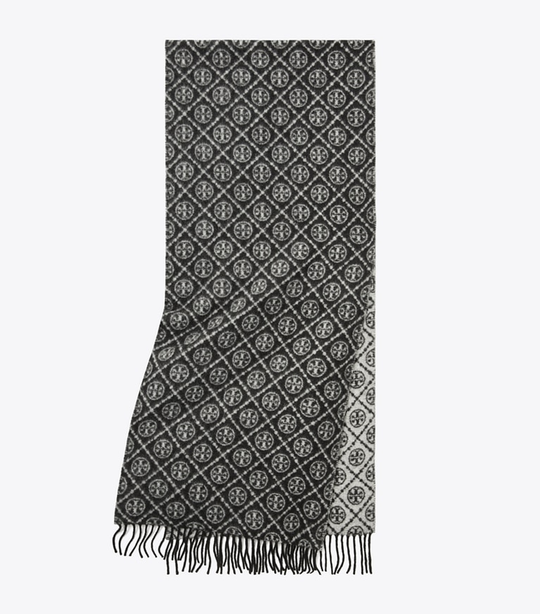 Tory Burch designer scarves T Monogram Oblong Scarf in Black overhead