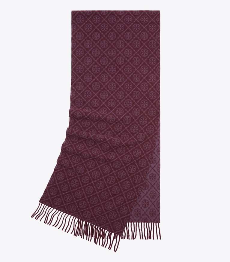 Tory Burch designer scarves T Monogram Oblong Scarf in Chocolate overhead