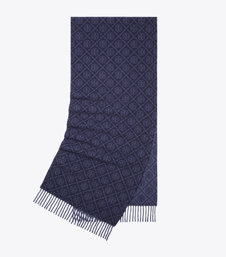 Tory Burch designer scarves T Monogram Oblong Scarf in Tory Navy overhead