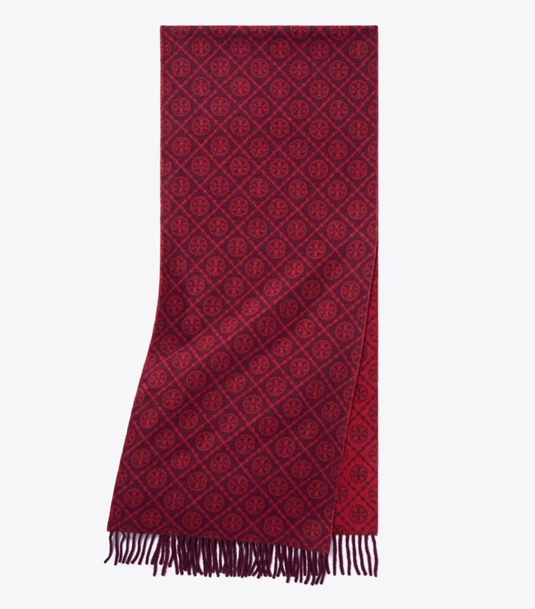 Tory Burch designer スカーフ Tモノグラム オブロングスカーフ in Red / Burgundy folded