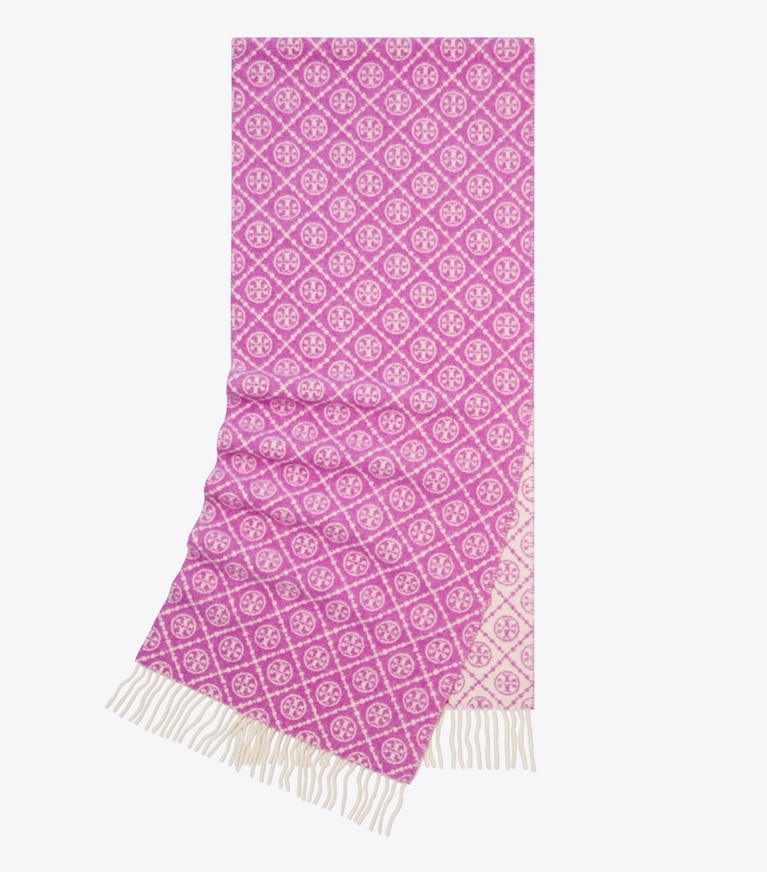 Tory Burch designer scarves T Monogram Oblong Scarf in Magenta overhead