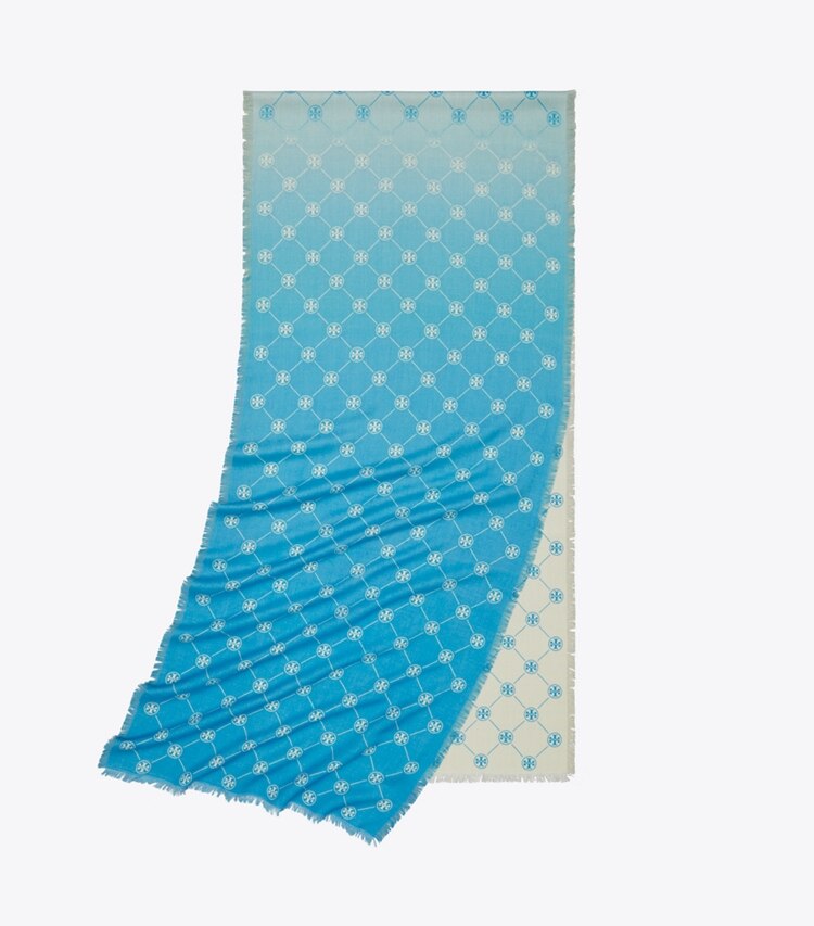 Tory Burch designer scarves T Monogram Oblong Scarf in Blue folded