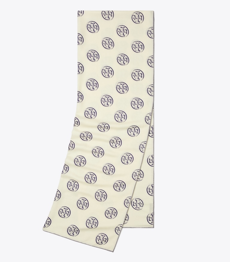 Tory Burch designer scarves T Monogram Oblong Scarf in Ballpoint Blue overhead