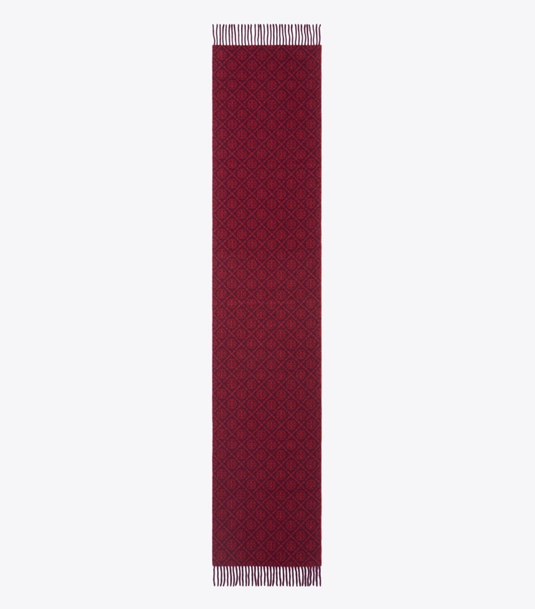 Tory Burch designer スカーフ Tモノグラム オブロングスカーフ in Red / Burgundy オーバーヘッド
