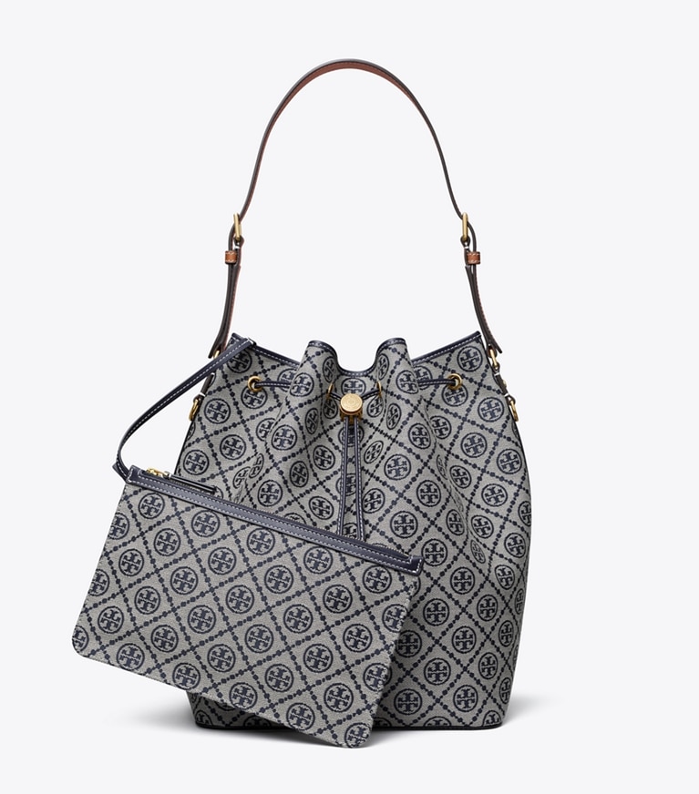 Tory Burch designer hobo bags T Monogram Oversized Bucket Bag in Tory Navy angle