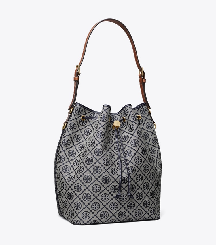 Tory Burch designer hobo bags T Monogram Oversized Bucket Bag in Tory Navy angle