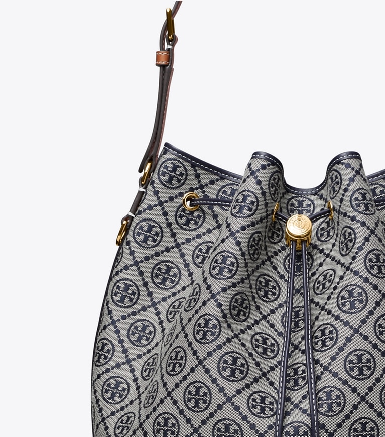 Tory Burch designer hobo bags T Monogram Oversized Bucket Bag in Tory Navy angle