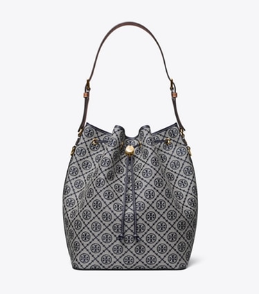Tory Burch designer hobo bags T Monogram Oversized Bucket Bag in Tory Navy front