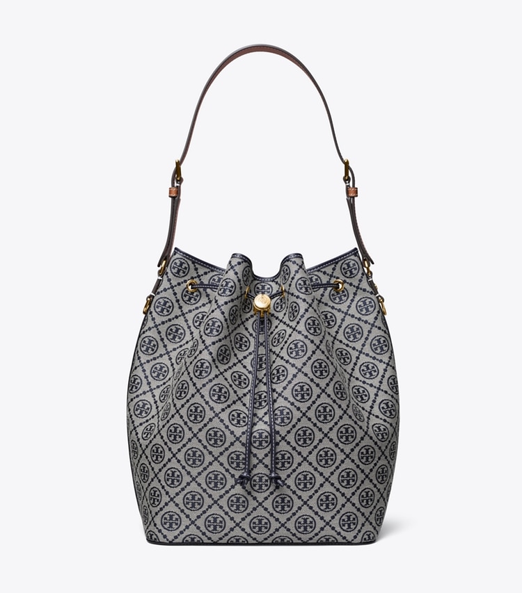 Tory Burch designer hobo bags T Monogram Oversized Bucket Bag in Tory Navy front