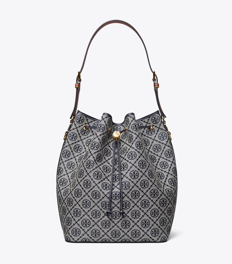 Tory Burch designer hobo bags T Monogram Oversized Bucket Bag in Tory Navy angle