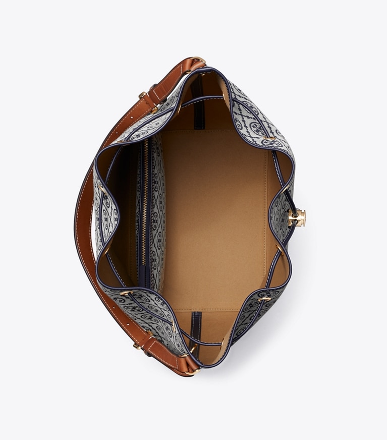 Tory Burch designer hobo bags T Monogram Oversized Bucket Bag in Tory Navy angle