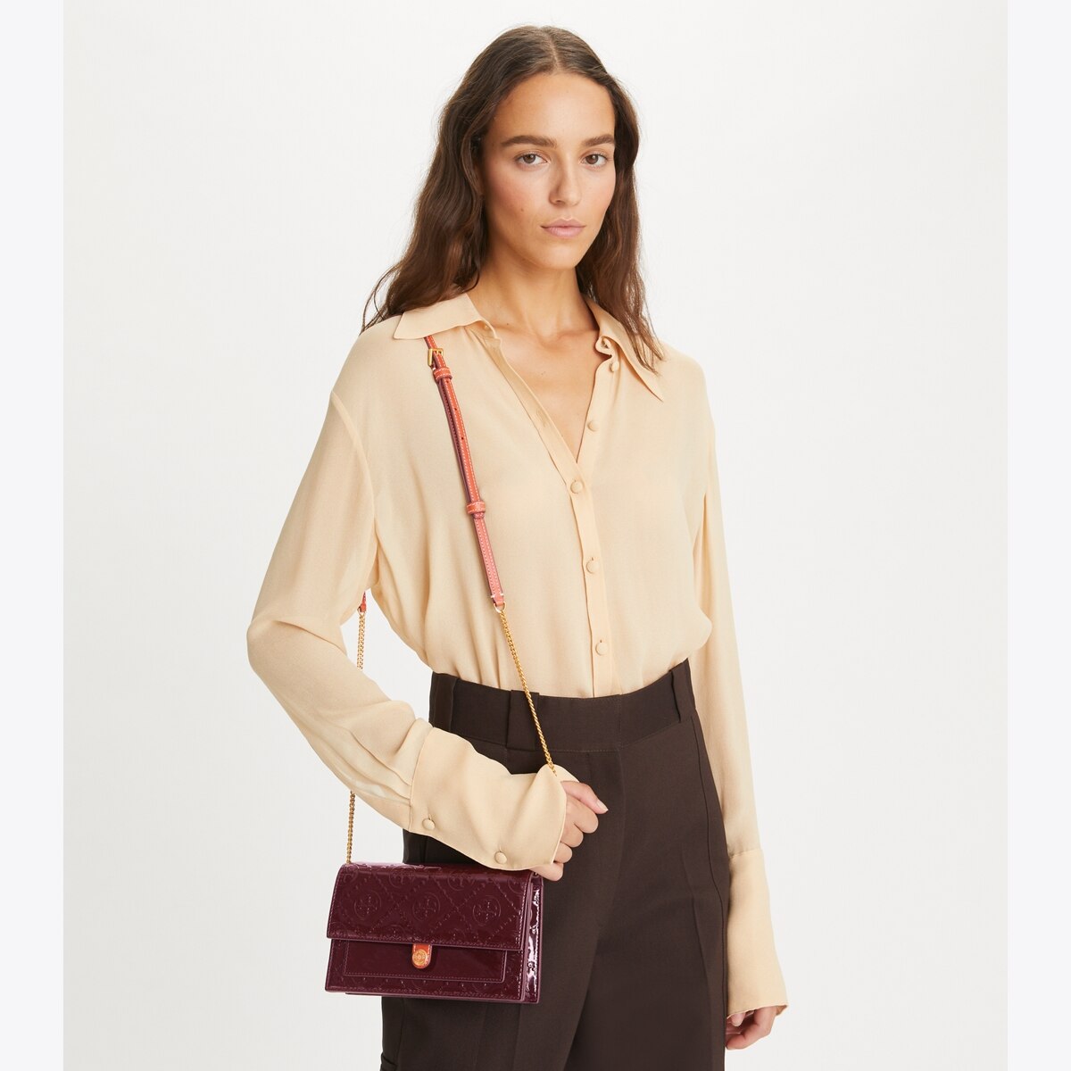 T Monogram Patent Embossed Chain Wallet: Women's Designer