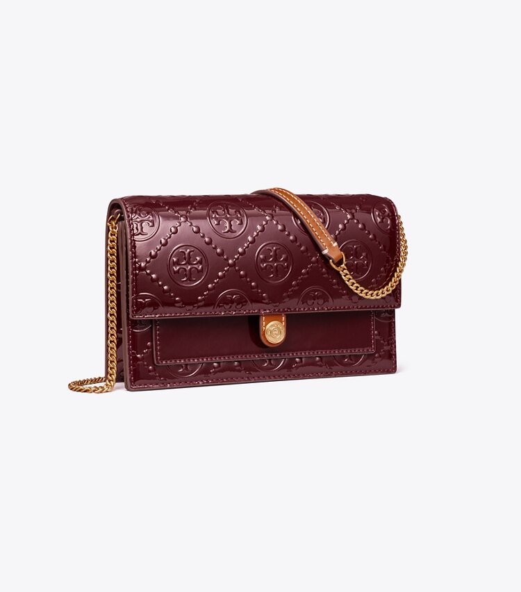 Tory Burch designer mini bags T Monogram Patent Embossed Chain Wallet in Deep Maroon angle
