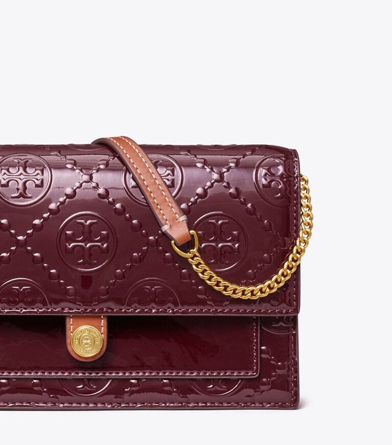 Tory Burch designer mini bags T Monogram Patent Embossed Chain Wallet in Deep Maroon angle