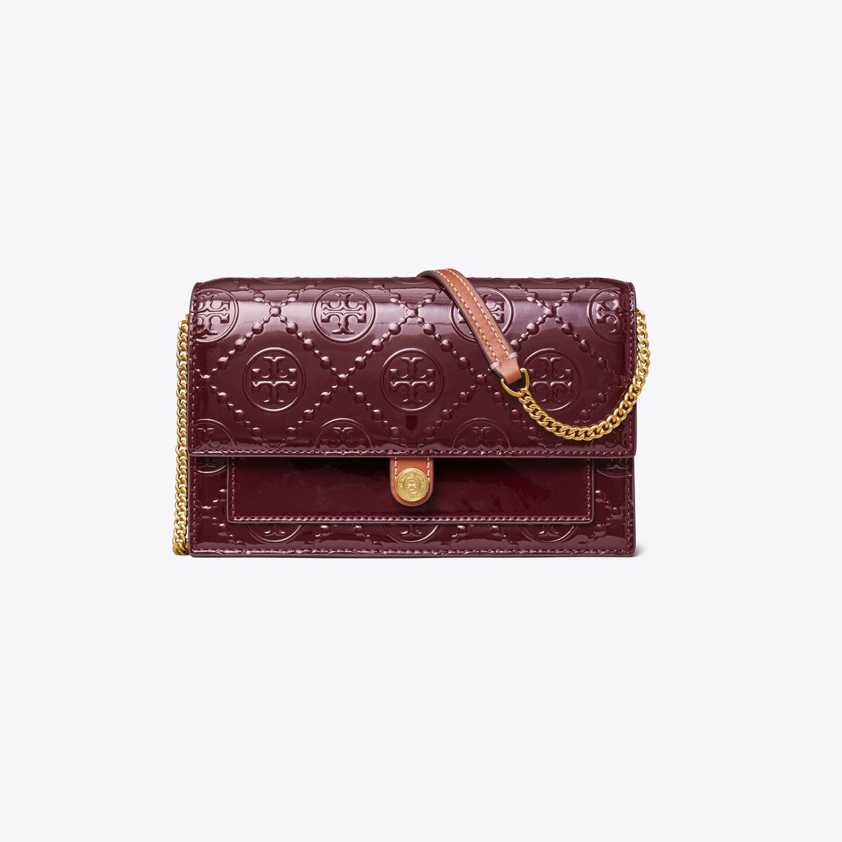 T Monogram Patent Embossed Chain Wallet: Women's Designer