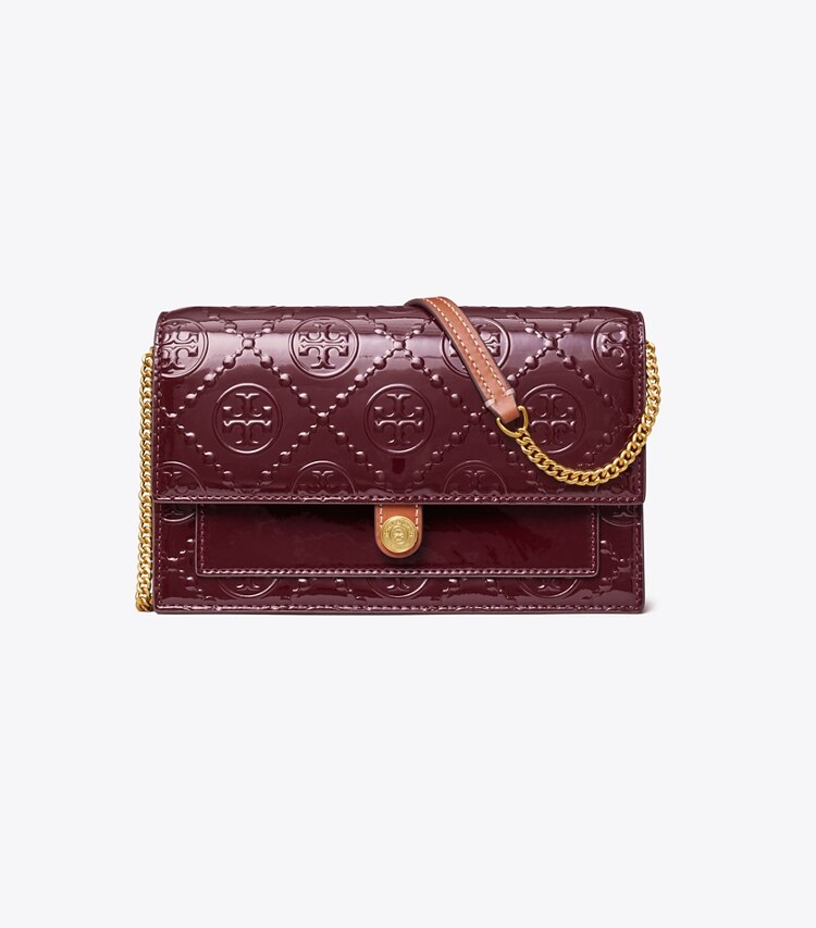 Tory Burch designer mini bags T Monogram Patent Embossed Chain Wallet in Deep Maroon front