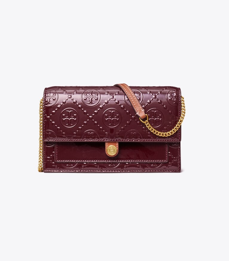 Tory Burch designer mini bags T Monogram Patent Embossed Chain Wallet in Deep Maroon angle