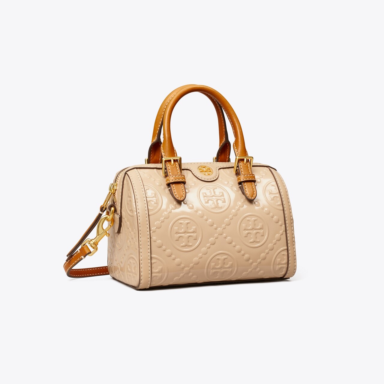 T Monogram Patent Embossed Petite Barrel Bag