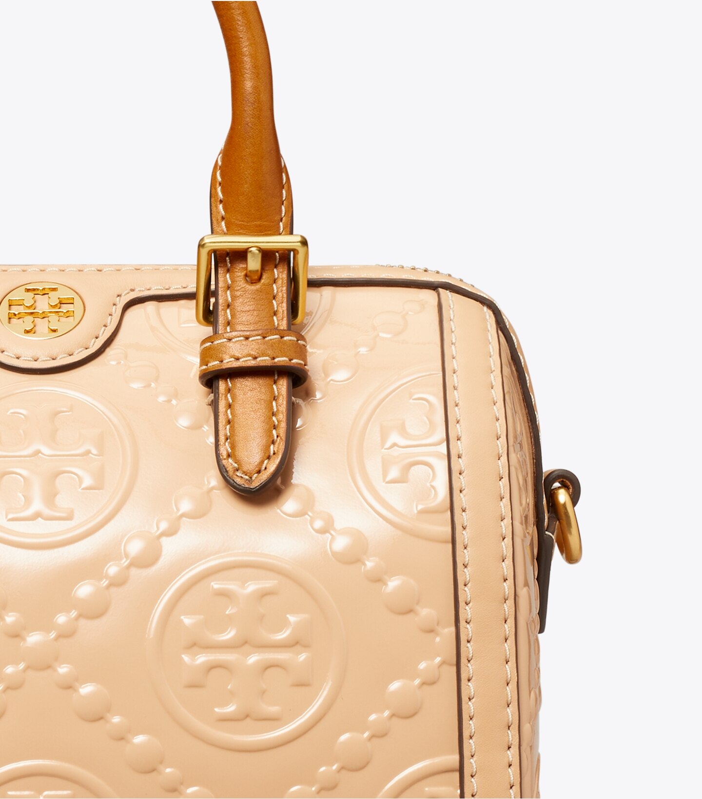 T Monogram Patent Embossed Petite Barrel Bag