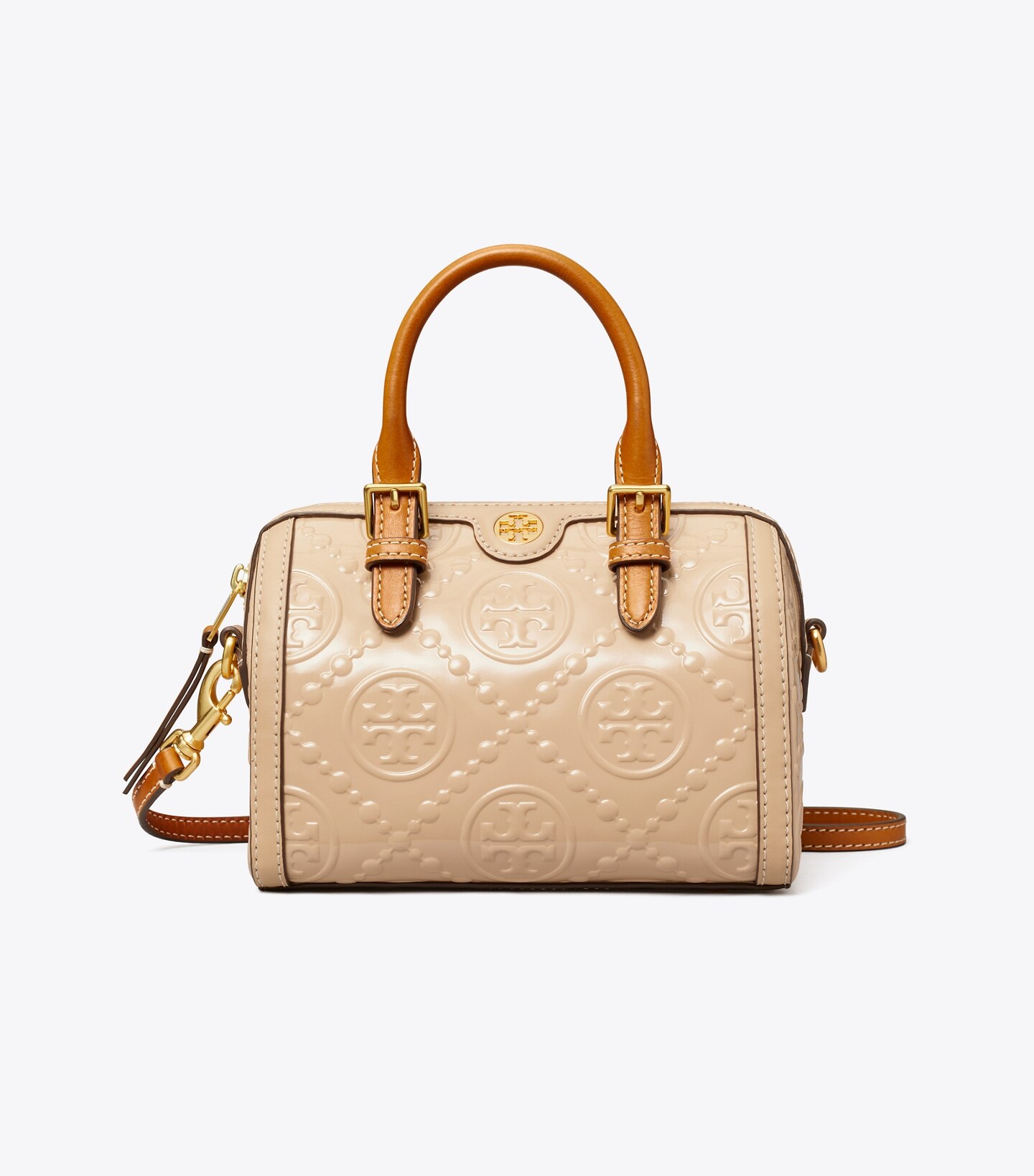 T Monogram Patent Embossed Petite Barrel Bag