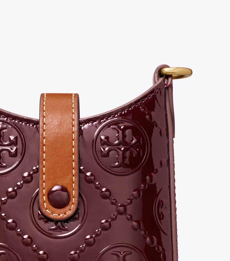 Tory Burch designer mini bags T Monogram Patent Embossed Phone Crossbody in Deep Maroon detail