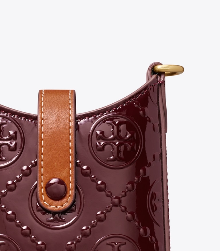 Tory Burch designer mini bags T Monogram Patent Embossed Phone Crossbody in Deep Maroon angle