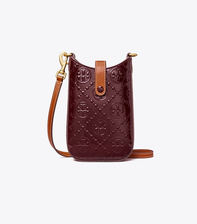 Tory Burch designer mini bags T Monogram Patent Embossed Phone Crossbody in Deep Maroon angle