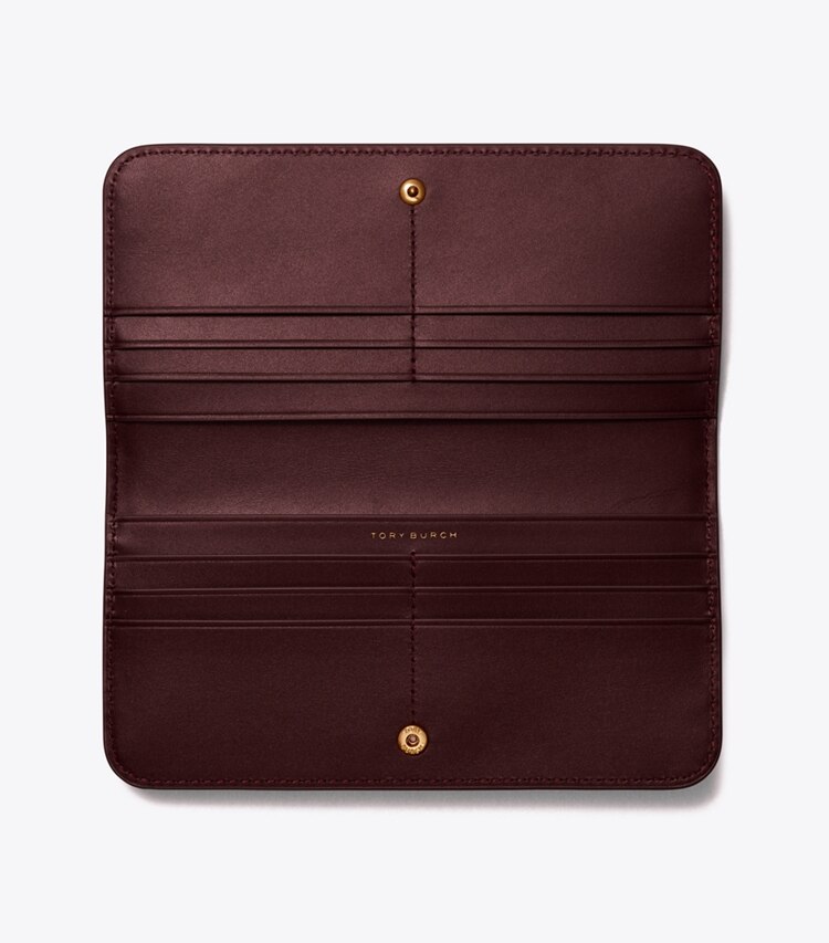 Tory Burch designer wallets T Monogram Patent Embossed Zip Slim Wallet in Deep Maroon overhead