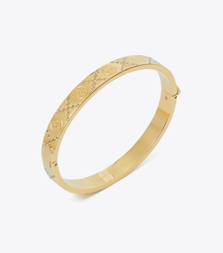 Tory Burch designer bracelets T Monogram Pavé Hinge Bracelet in Tory Gold / Crystal front