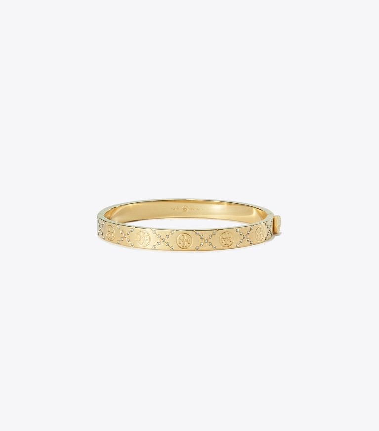 Tory Burch designer bracelets T Monogram Pavé Hinge Bracelet in Tory Gold / Crystal front