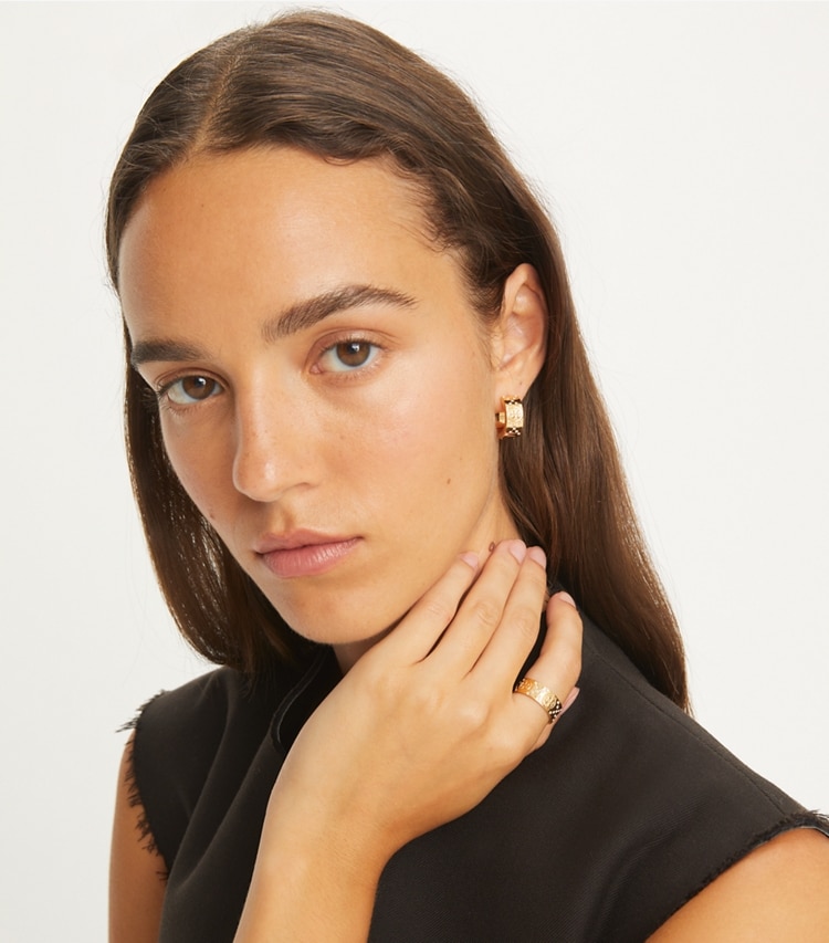 Tory Burch designer rings T Monogram Pavé Ring in Tory Gold / Crystal accessory on model