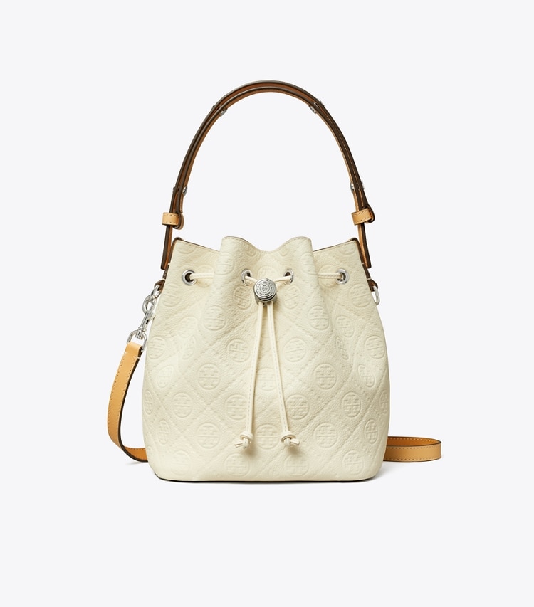 Tory Burch designer クロスボディバッグ Tモノグラム ペブル バケットバッグ in Warm White front