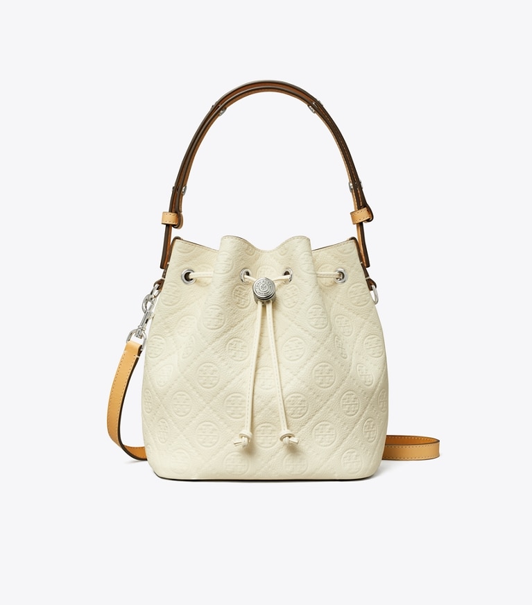 Tory Burch designer クロスボディバッグ Tモノグラム ペブル バケットバッグ in Warm White front