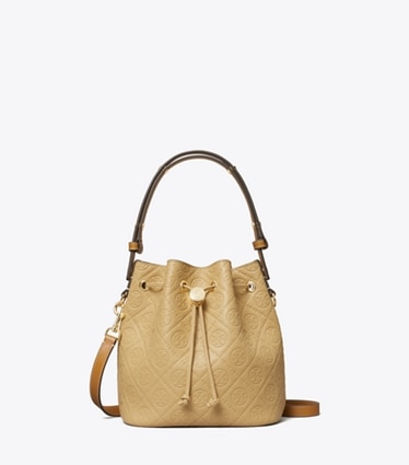 Tory Burch designer crossbody bags T Monogram Pebble Bucket Bag in Biscotti front