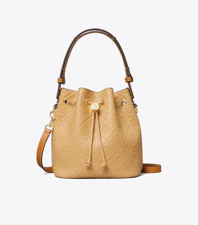 Tory Burch designer クロスボディバッグ Tモノグラム ペブル バケットバッグ in Biscotti front