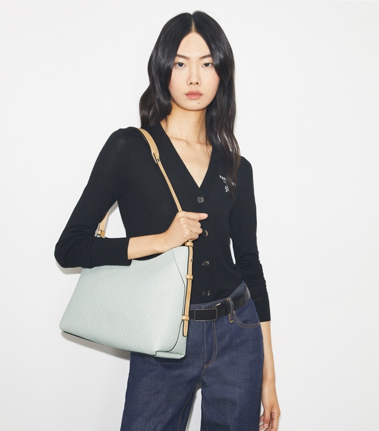Tory Burch designer shoulder bags T Monogram Pebble Messenger in Light Titanium angle
